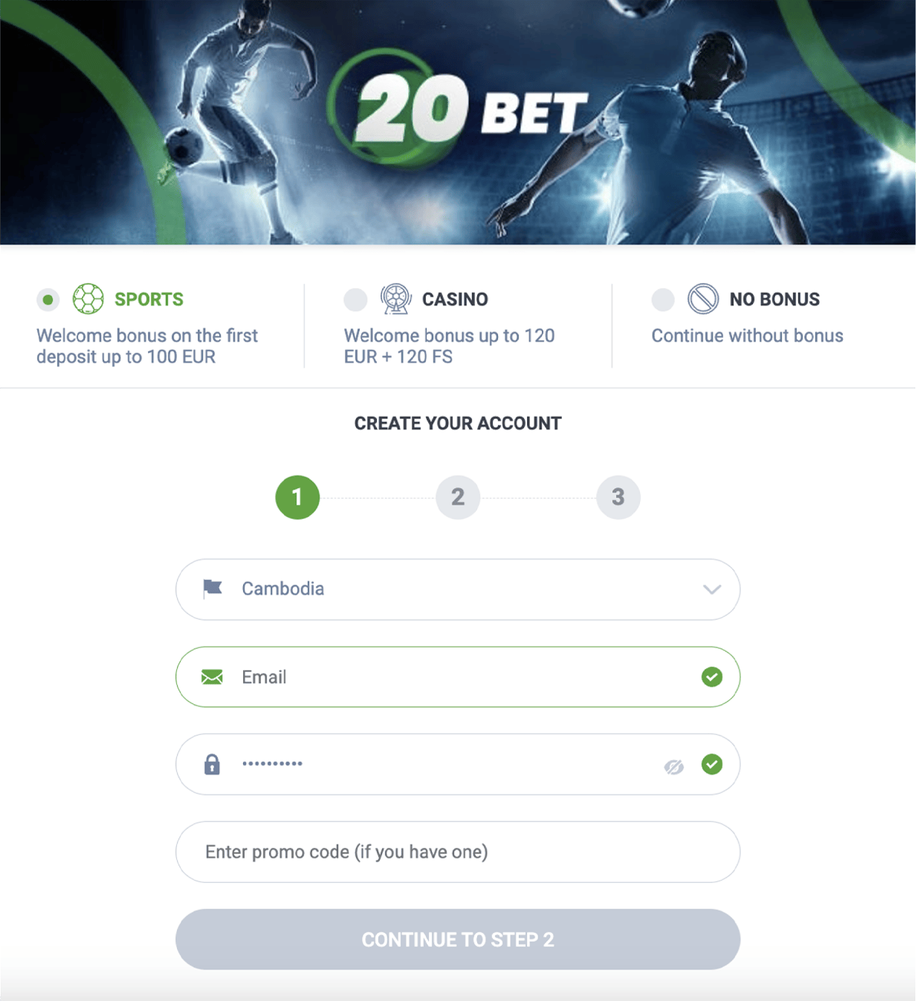20Bet Registration steps