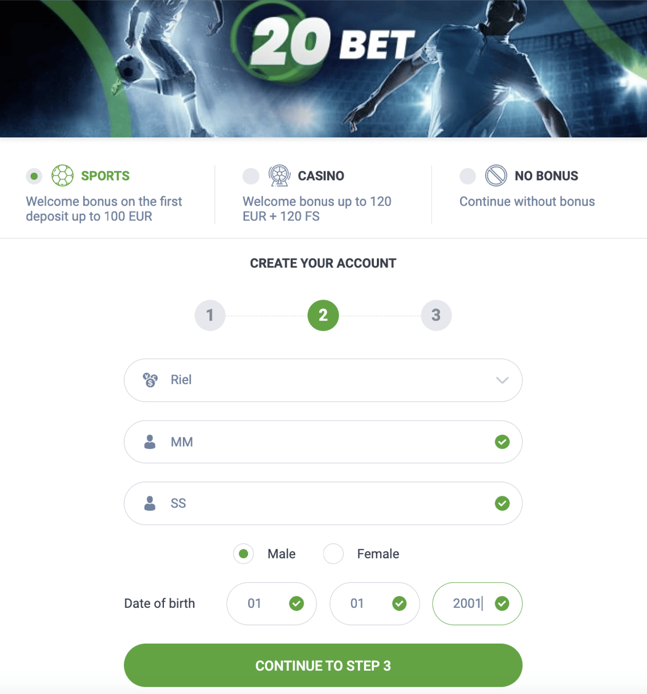 20Bet Create accaunt